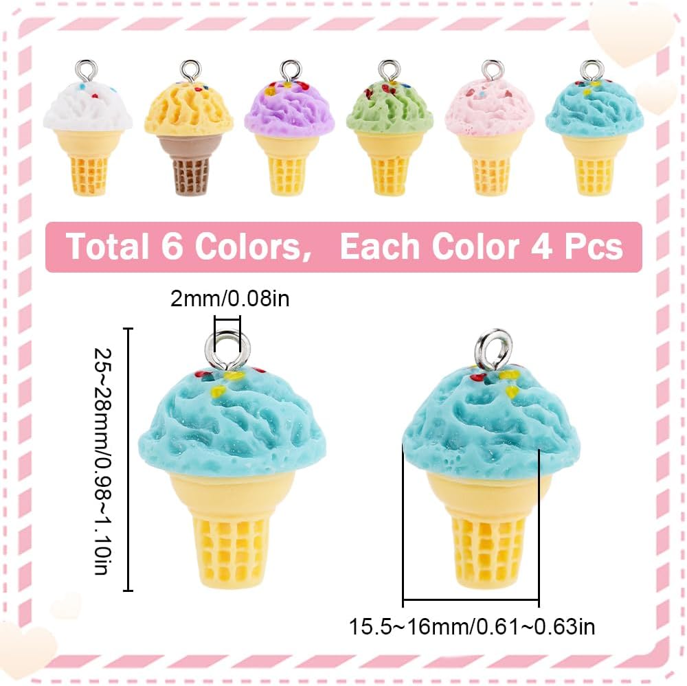 SUNNYCLUE 1 Box 24Pcs 6 Colors Ice Cream Resin Charms Candy Charms Bulk Summer 3D Pink Sweet Dessert Yellow Cute Food Charm for Jewelry Making Charms Supplies DIY Necklace Bracelet Earrings Adults - Image 2