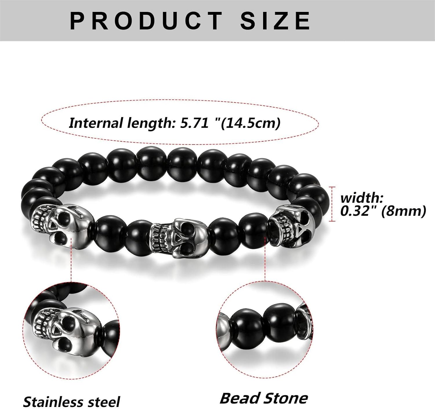 Flongo Men's Biker Stainless Steel Skull Skeleton 8MM Black Bead Stone Bracelet