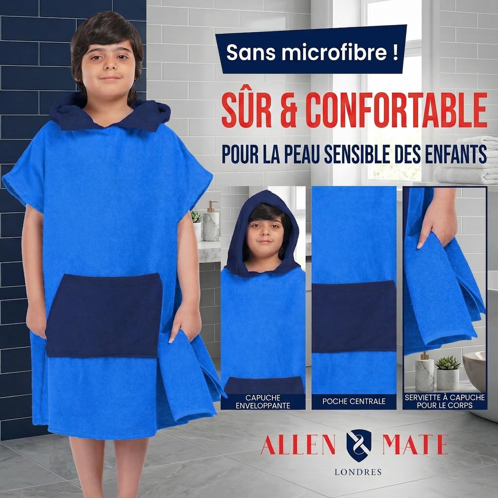 ALLEN & MATE 100% COTON Serviette de plage poncho pour enfants - Peignoir de bain surdimensionné à séchage rapide avec capuche et poche pour garçons et filles