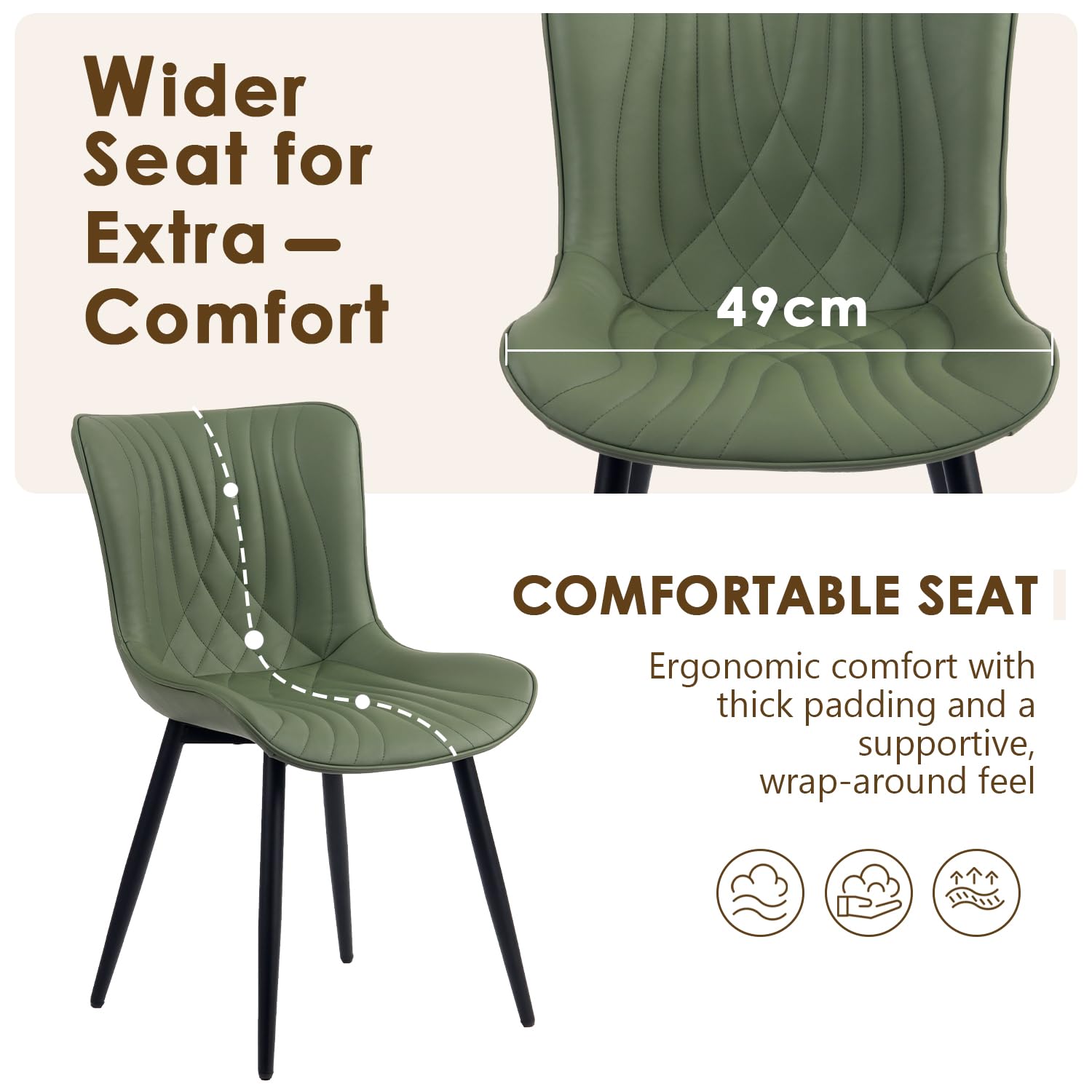 Kidol & Shellder Dining Chairs Set of 2, Modern PU Leather Kitchen Chairs for Dining Room, Uplostered Lounge Leisure Chair with Backrest Metal Legs for Living Room, Bean Green — view 5