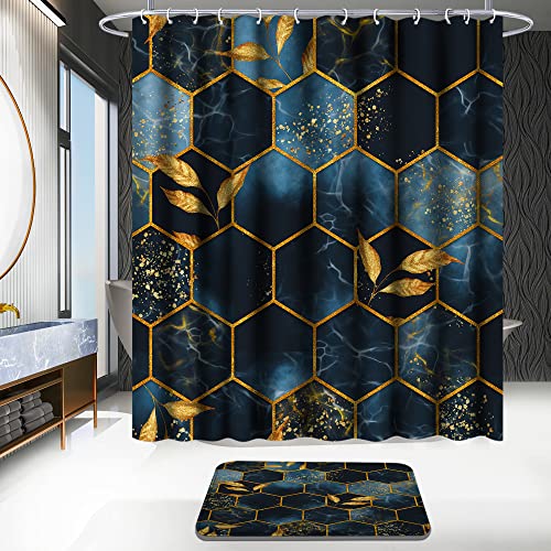 Poedist 4 Pcs Bathroom Shower Curtain Set,Bathroom Sets with Rugs(Bath Mat,U Shape and Toilet Lid Cover Mat) and 12 Hooks,Black and Blue Honeycomb Marble by Poedist - Image 2