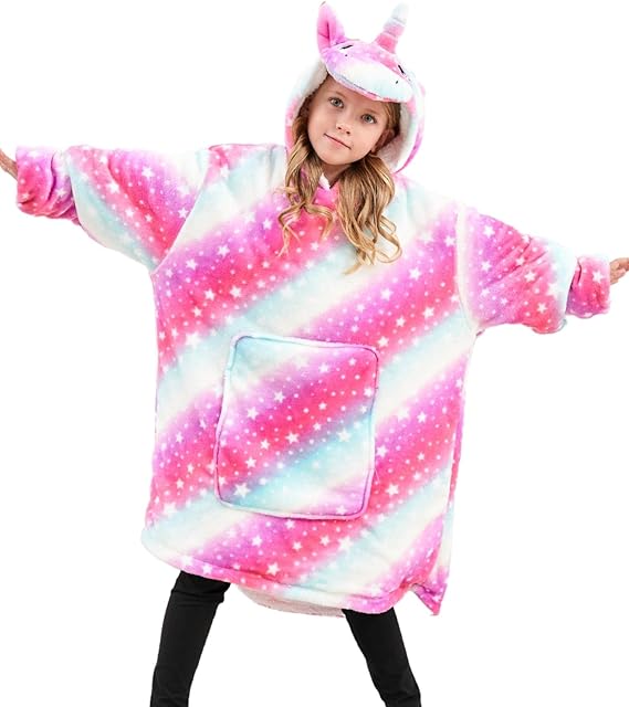FZOSM Girls Unicorn Oversized Hoodie Snuggle Blanket Hoodies Sweatshirt for Kids