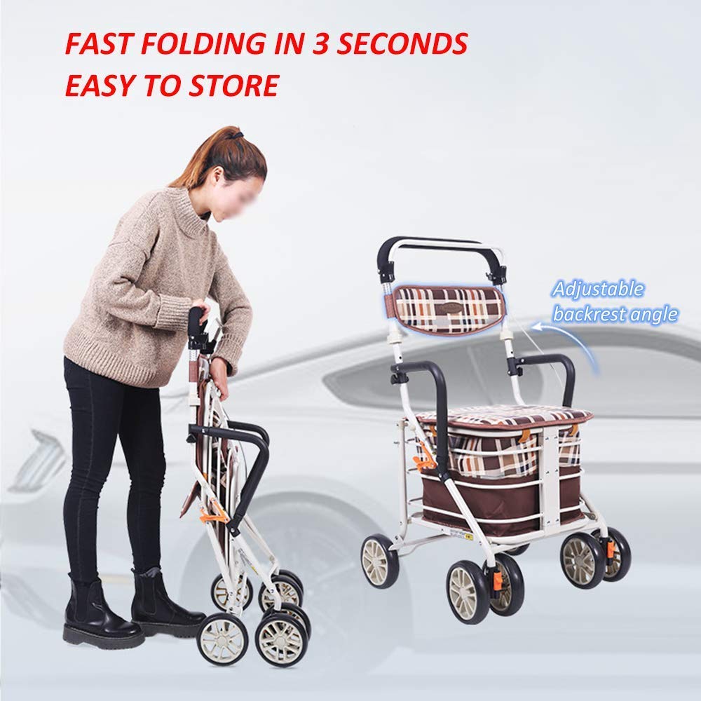 Andador con Ruedas Plegable Ligero de aleación de Aluminio de 4 Ruedas con Asiento y Freno extraíbles, Altura Ajustable