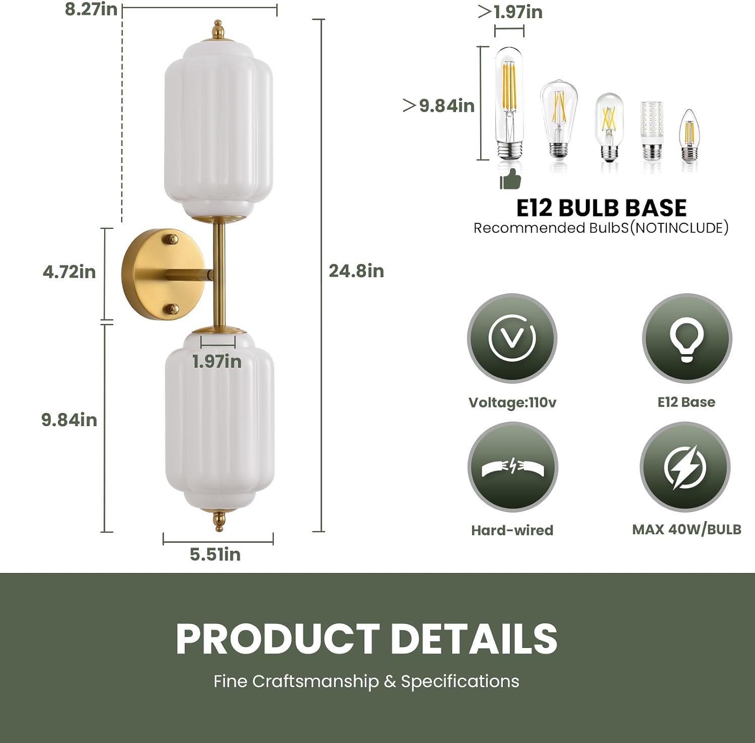 Vintage Glass Bathroom Light, Wall Sconce with Brass Finish Base Milk Glass Shade 2Light Wall Sconce Lighting for Mirror, Kitchen, Living Room, E12Base