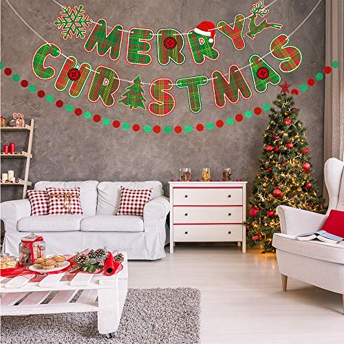 GAGAKU Merry Christmas Banner Red Green Plaid Letters Xmas Garlands Sign Bunting Banner for Fireplace Snowflake Reindeer Holiday Decorations with Glitter Circle Dots Hanging String