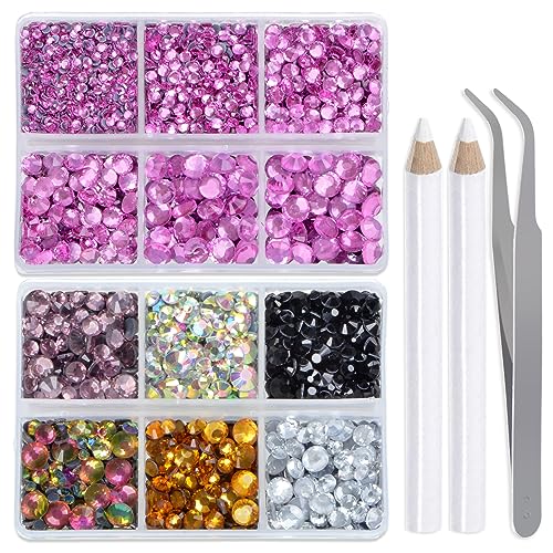LPBeads 6400 Pieces Pink and 6 Colors Hotfix Rhinestones Flat Back 5 Mixed Sizes Crystal Round Glass Gems with Tweezers and Picking Rhinestones Pen
