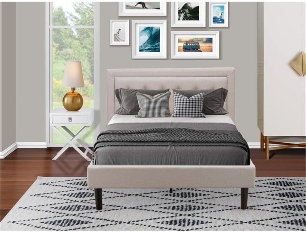 East West Furniture FN08F-1HAE0 2-Pc Fannin Wooden Set for Bedroom with 1 Upholstered Bed and a Small Nightstand - Reliable and Durable Manufacturing - Mist Beige Linen Fabric