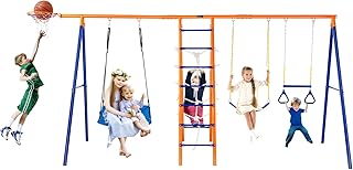 VEVOR 6 in 1 Set with 2 Swings, Trapeze Bar, Ladder, Climbing Net, and Basketball Hoop, 440lbs Load Capacity Heavy-Duty Metal Swingset Outdoor for Kids Ages 3+, Blue, Large