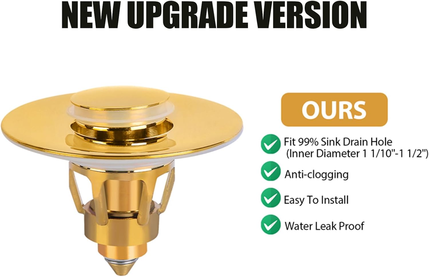 Three colors Bathroom Sink Stopper, 1.1-1.5" Bathroom Sink Drain Strainer, Universal WashBasin Pop Up Drain Stopper, Bounce Core Push Type Sink Plug, Anti-Clogging, Stainless Steel (Gold,1PCS) image 3