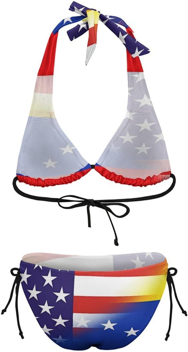US Venezuela Combined Flag Novelty Women's 2 Piece String Bikini Set Swimsuits Bathing Suit Swimwear