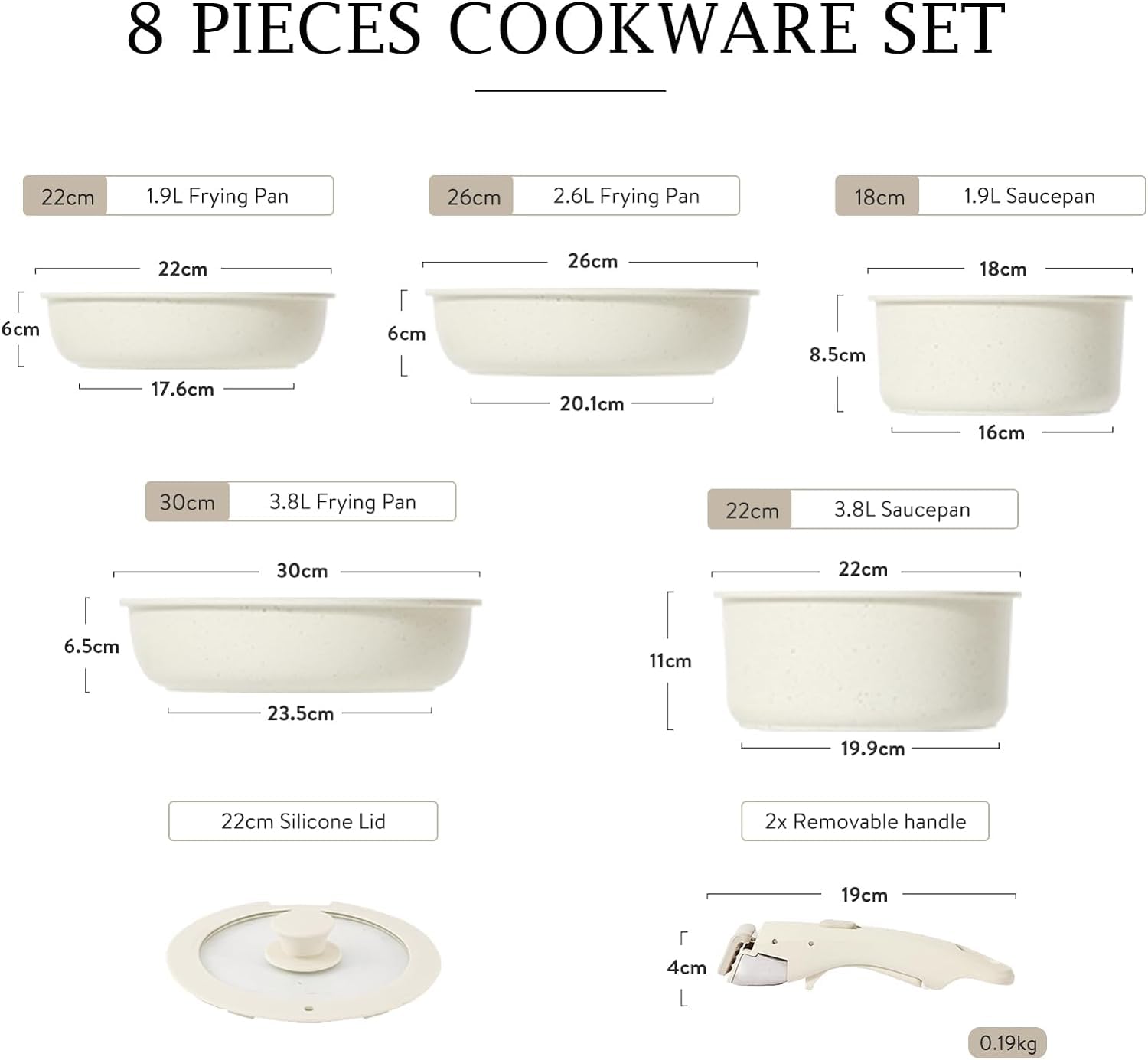 CAROTE Batteria da cucina a induzione, rivestimento antiaderente, padella a induzione 22 cm/26 cm/30 cm, casseruola 18 cm/22 cm, manico rimovibile, adatto al forno, set di poele e casseruola con
