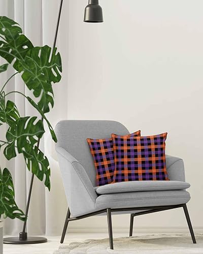 Miniatura 4 de Paquete de 2 fundas de almohada decorativas de algodón, para Halloween, morado, naranja, negro, búfalo, a cuadros, de 20 x 20 pulgadas, cuadradas,