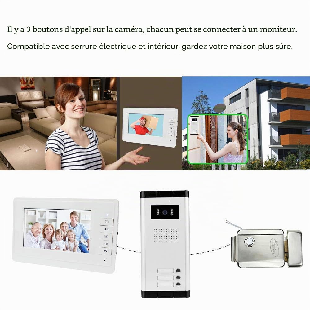 7 '' Interphone Vidéo Couleur Filaire Couleur Système de Porte IR Caméra de Vision Nocturne 720p + écrans de Contrôle Intérieur pour 2/3 Appartements (3 Moniteurs)