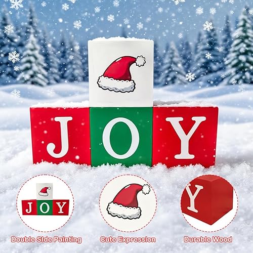 Miniatura 6 de 4 piezas de decoración de mesa de Navidad para interiores, bloques de madera, letreros rojos, verdes y blancos, centros de mesa de Navidad para el