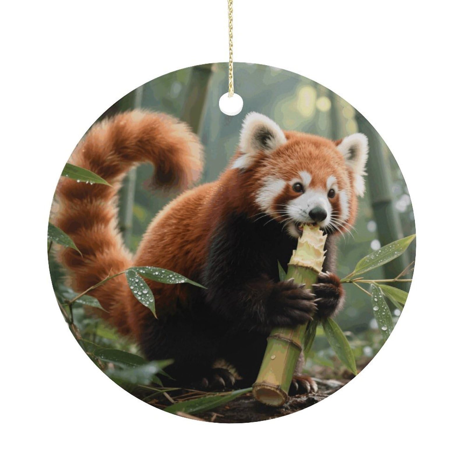Personalized Christmas Ornaments 2025 Ceramic Hanging Red Panda Eating Ornaments with Gold String Double-Sided Vintage Holiday Decorations for Tree Mantel Tabletop Xmas Party Favors