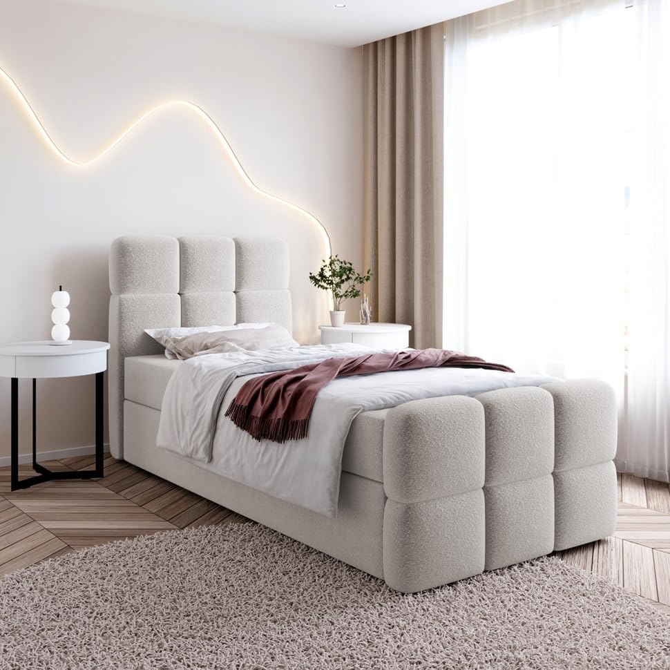 Boxspringbett SALA MINI mit Bettkasten, H3 Bonellfederkernmatratze und T25-Topper – kompaktes Einzelbett und modernes Polsterbett (Creme - Fredo 15, 100 x 200 cm)