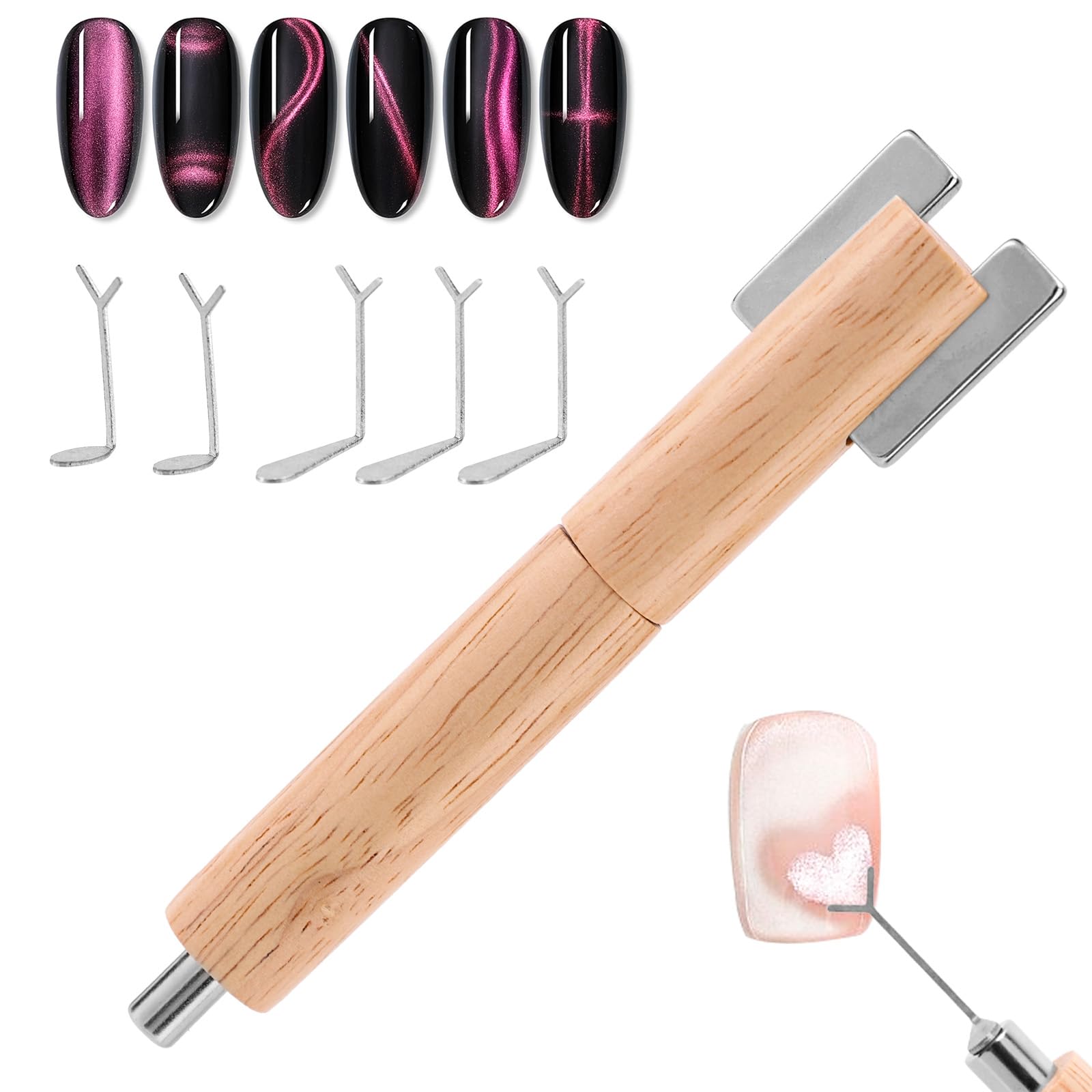 6pcs Heart Cat Eye Nail Magnet Set, Including 1 Rocket Magnet & 5 Y-Shaped Iron Tools for Cat Eye Gel Polish DIY Nail Art Design Kit for Heart French