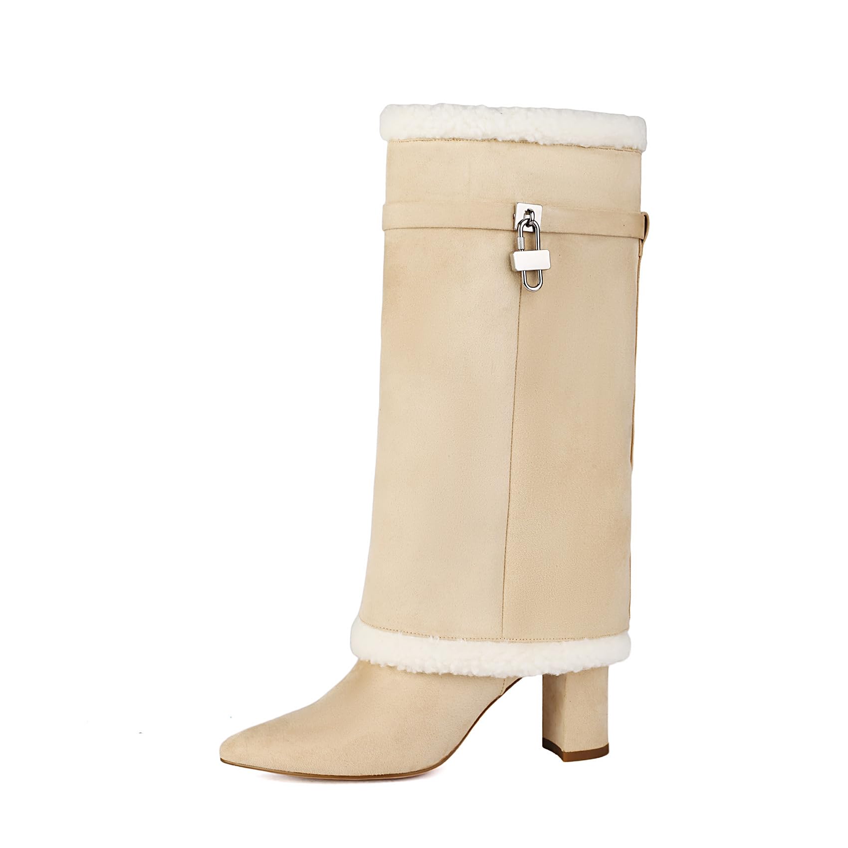 AIJIVOU Fold Over Boots with Padlock for Women Pull On Mid Calf Pointed Toe Chunky Heel Shark Boots
