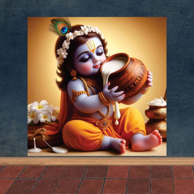 Image of British Terminal Cute little Bal Gopal Baby God Krishna| Kanha Ji | Laddu Lord Makhan Chor Painting Religious Poster for Pregnant Women for wall (matt thin vinyl,sticker,multicolor,unframed)| bj122
