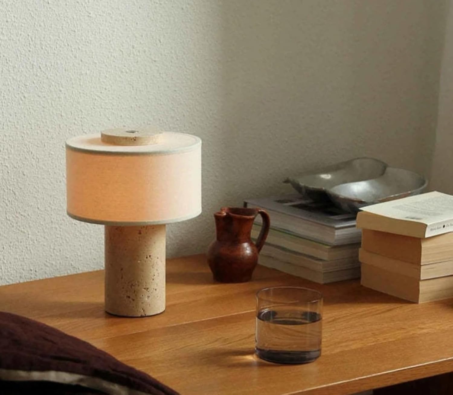 Marble Luxury Stone Rechargeable Touch Table Lamp, Travertine Marble Base, Linen Cloth Fiber Lampshade, High-End Cylinder Lamp for Bedroom (Black/White)