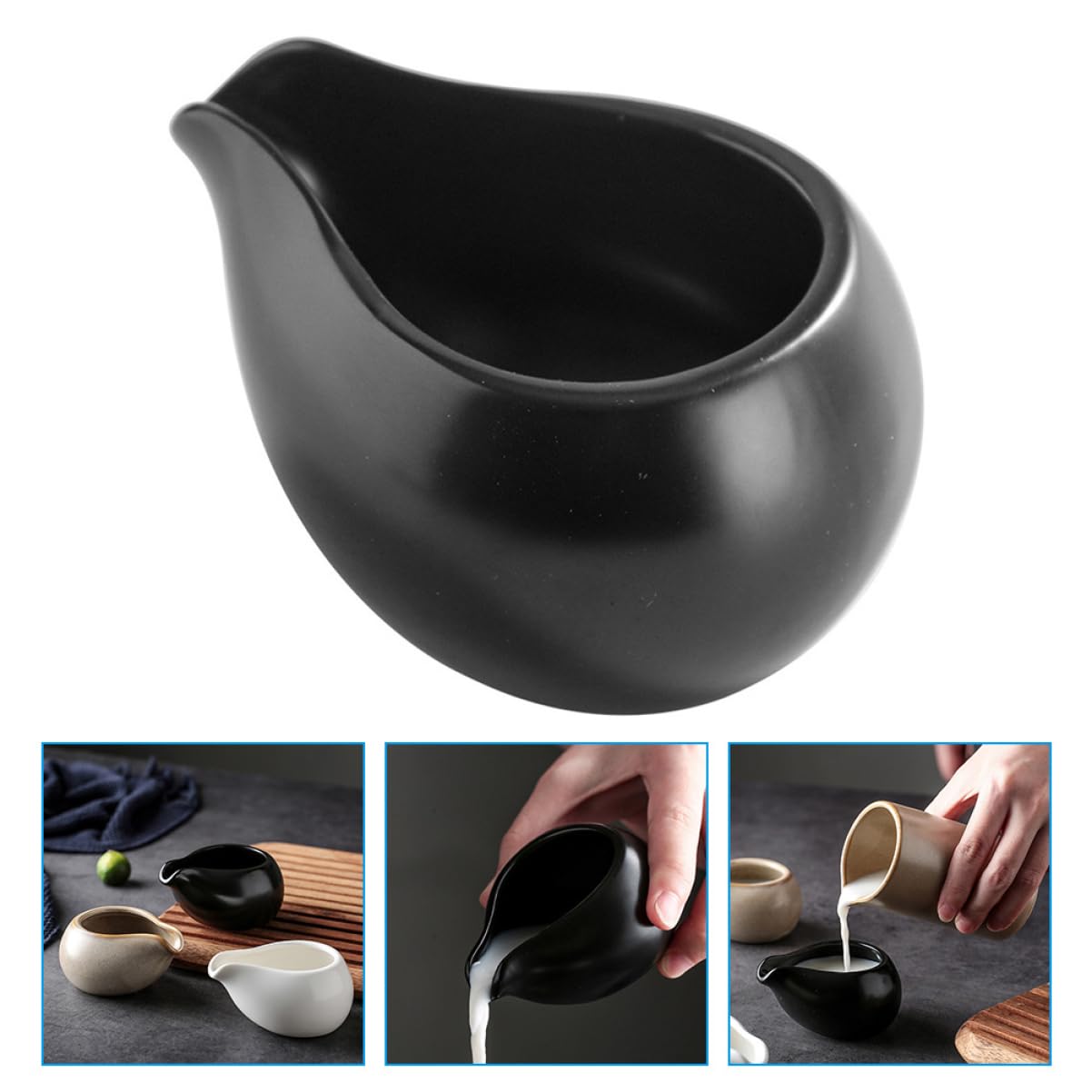 Pichet à Lait en Céramique Noir 3 Pièces, Style Vintage Nordique | Bec Verseur Guidé, Format Mini, Fond Résistant à L’usure, pour Hôtels et Repas Familiaux en Intérieur