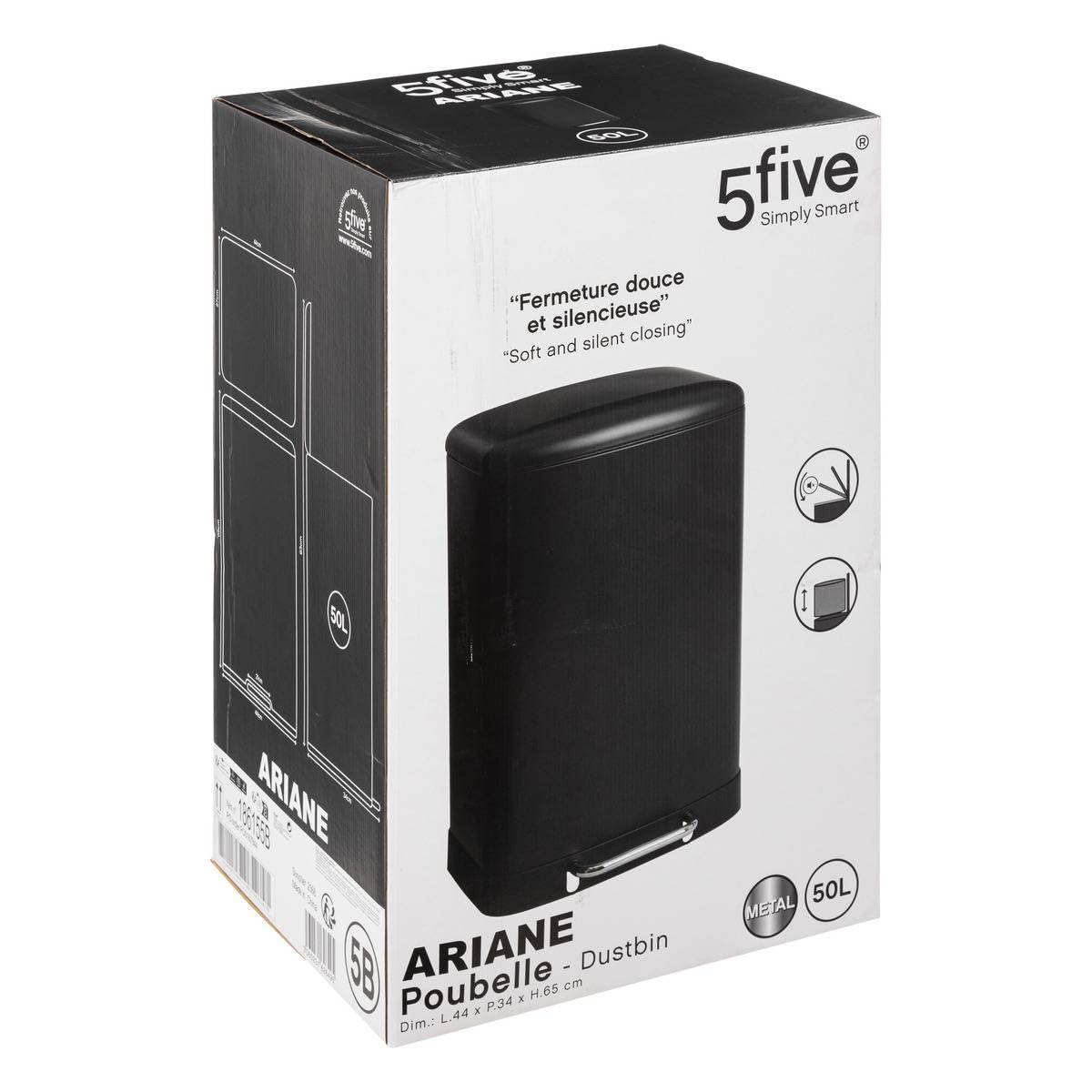 5Five - Poubelle de Cuisine Ariane 50L en Métal Noir - Seau Amovible et Poignée Arrière - Fermeture Silencieuse