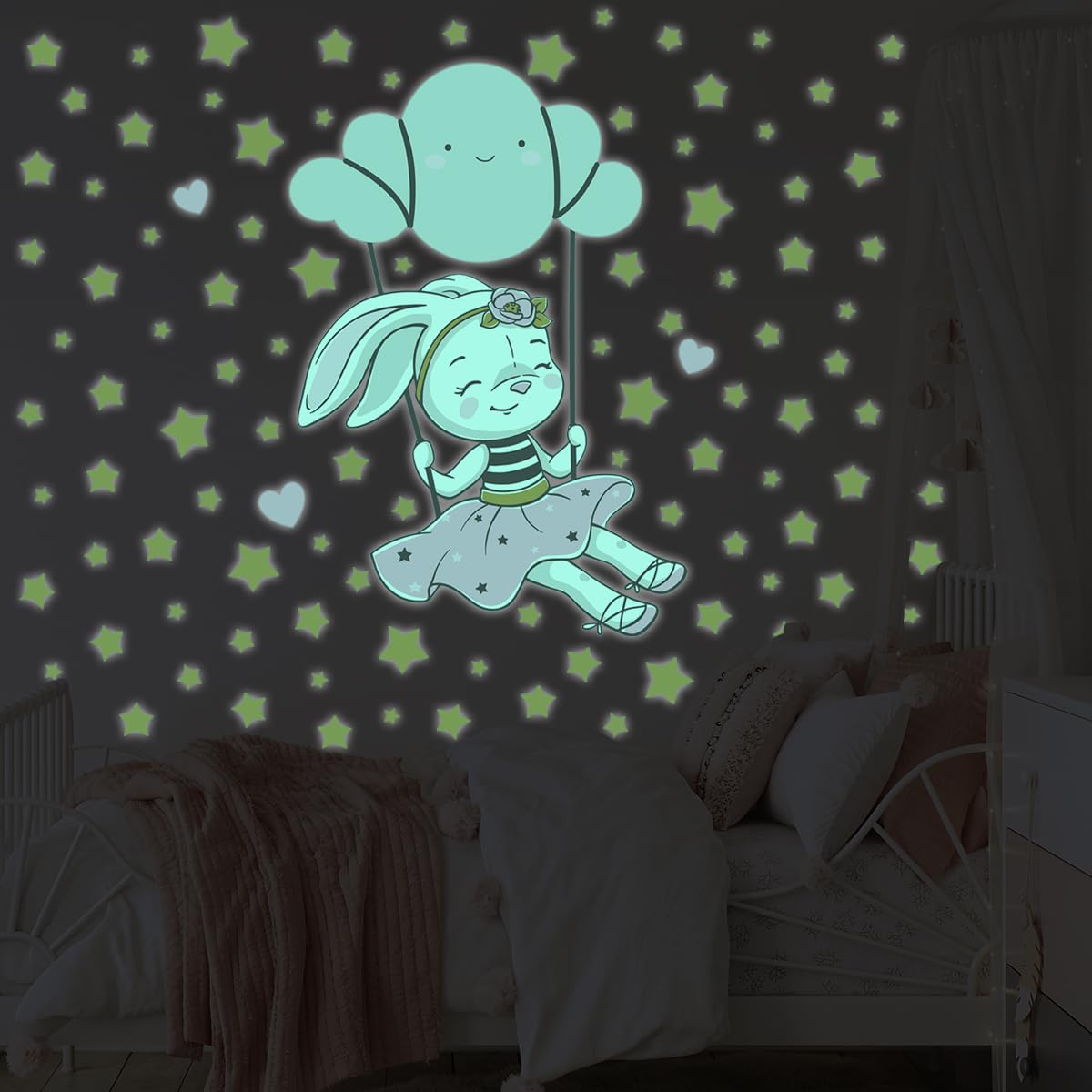 Ambiance Sticker Świecąca fosforyzująca naklejka ścienna dla dzieci fluorescencyjny królik na chmurze huśtawka - H115 x Dł. 80 cm