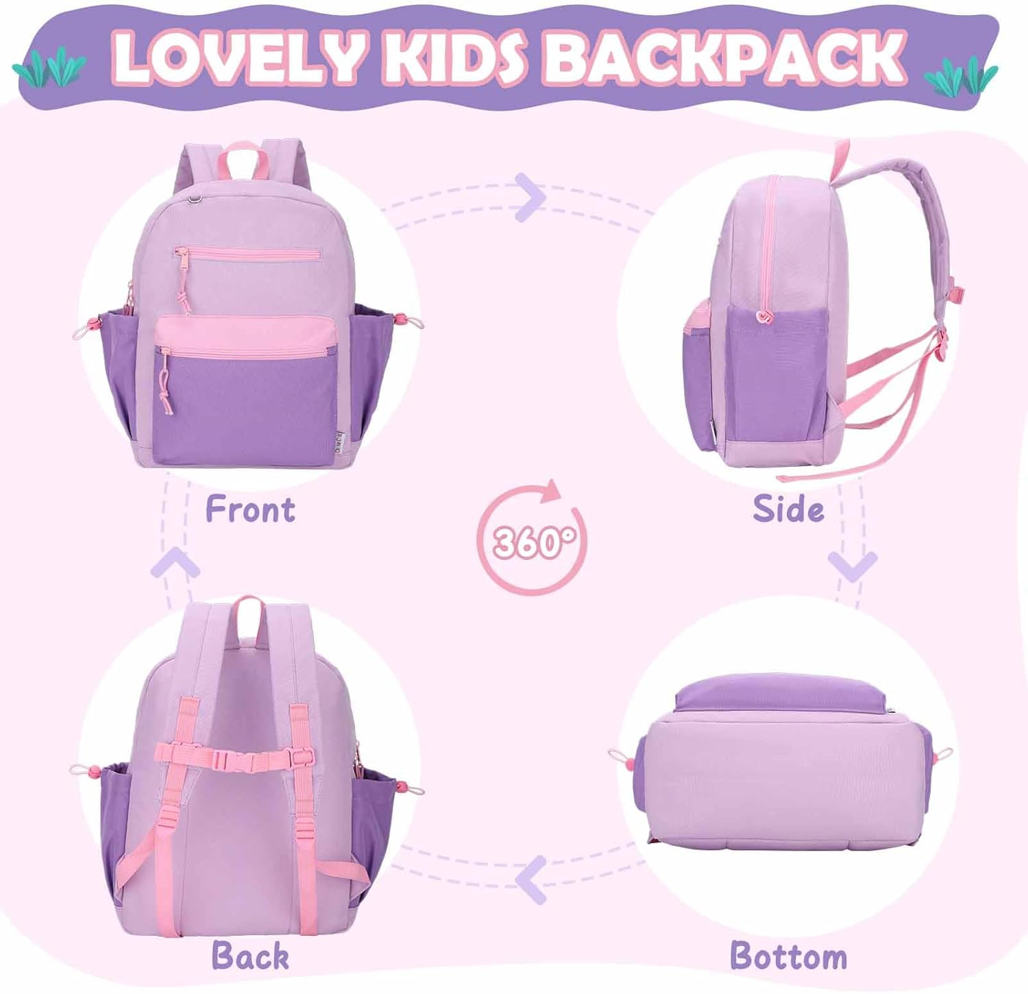 Chase Chic Toddler Backpacks for Girls, 15 Inch Preschool Kindergarten Backpack for Kids 3-8,Small Cute Toddler Bag with Chest Strap for Daycare Travel (Purple)