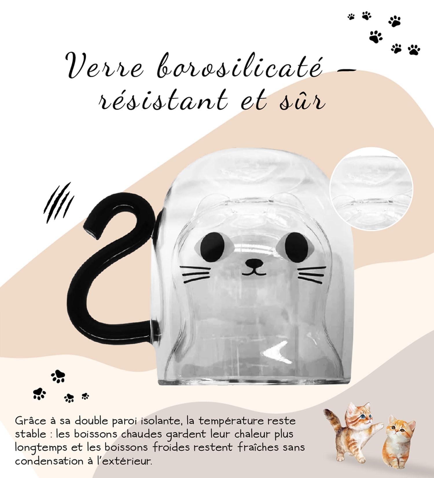 O³ Taza de gato negro, taza de café doble pared 250 ml, taza para infusión, té, Latte Macchiato, capuchino, regalos de Navidad, San Valentín, cumpleaños mujer, hombre, mamá, amiga (negro)