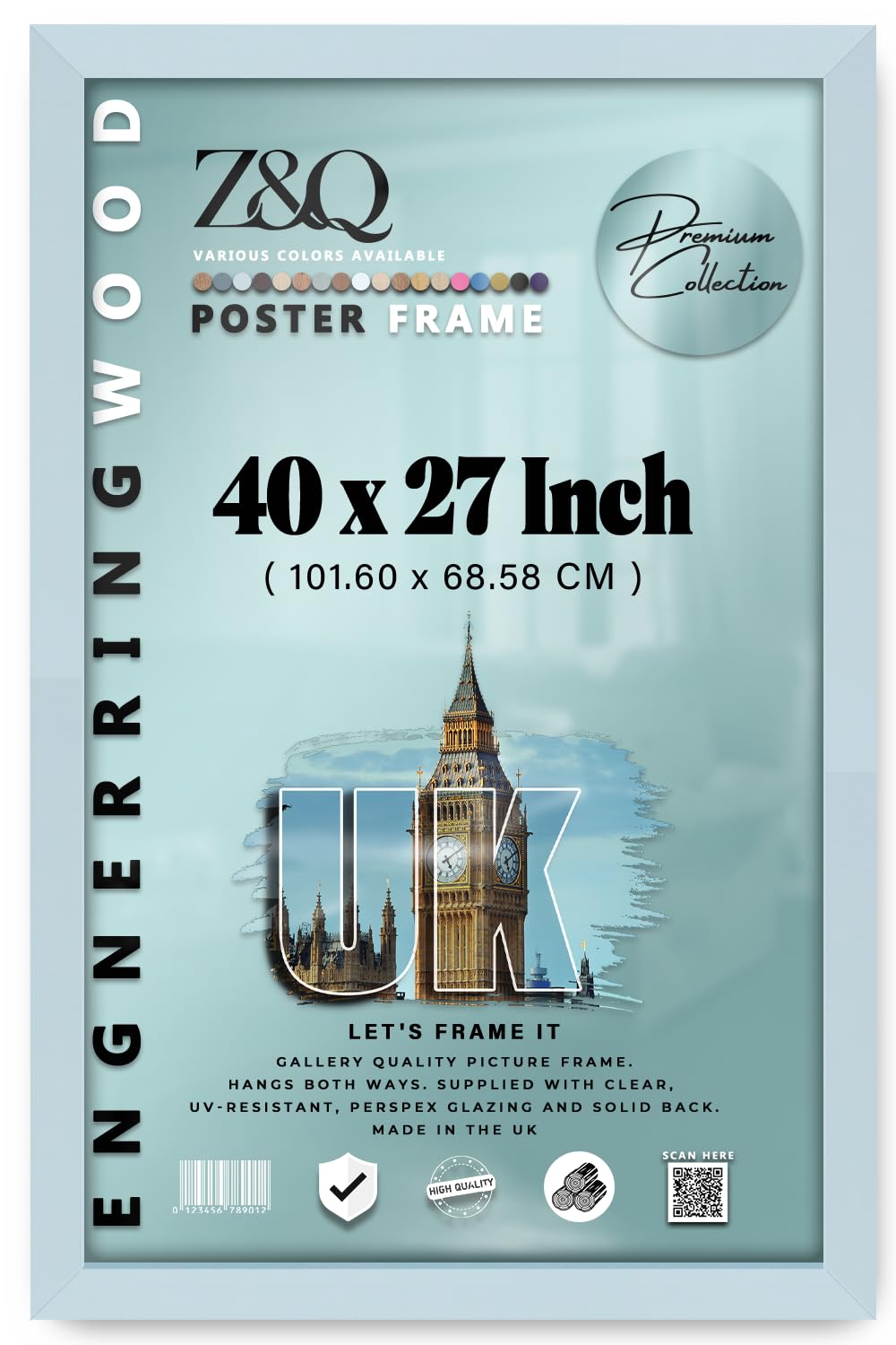 Z&Q | Wooden MDF Art Frame (101.60 x 68.58 CM) Sleek & Stylish Picture Holder, Wall Hanging 40X27 Inch Classic Décor Frame, 1016 x 685.8 mm [ Light Grey ]