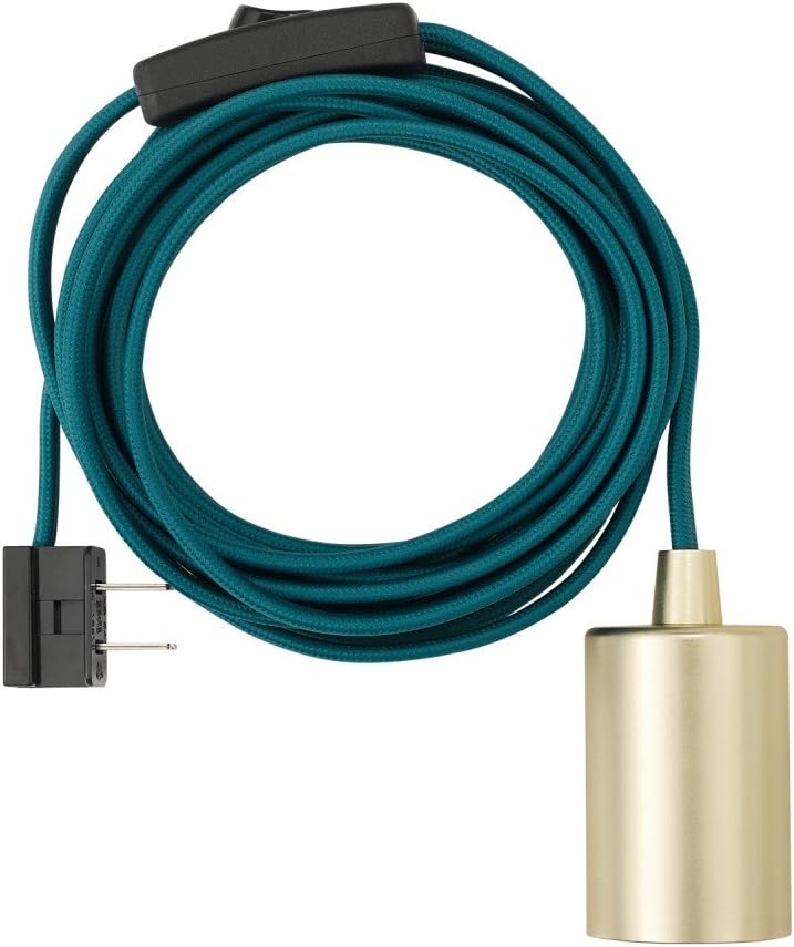 Globe Electric 69997 Emile 1-Light Plug-in Exposed Pendant, 15-ft Teal Cloth Cord, in-Line On/Off Rocker Switch, Brass Socket, 180, Bulb Not Included