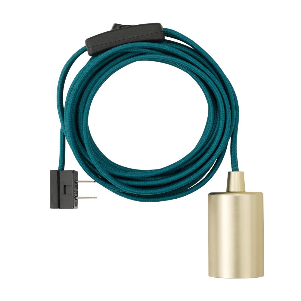 GLOBE Electric 69997 Emile 1-Light Plug-in Exposed Pendant, 15-ft Teal Cloth Cord, in-Line On/Off Rocker Switch, Brass Socket, 180, Bulb Not Included