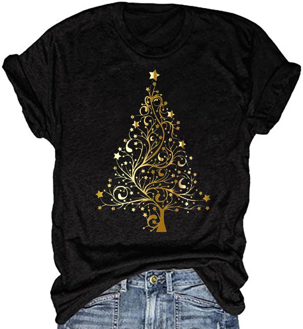 Beopjesk Christmas Shirts Womens Leopard Plaid Trees Printed Casual Short Sleeve Graphic Tees Tops