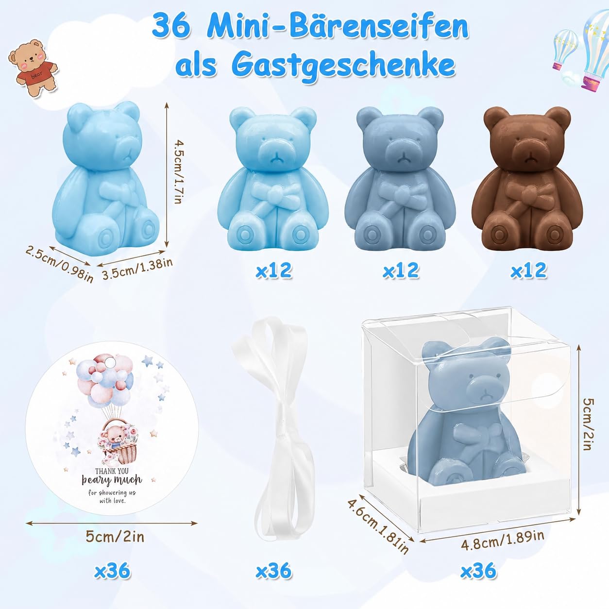 36 Stück Bären Seife Babyparty Gastgeschenke, Mini Baby Shower Bärenseife mit Geschenkbox Dankeskarten, Kleine Duftend Seife für Jungen Mädchen Gender Reveal Taufe Gäste Mitgebsel, Blau & Braun