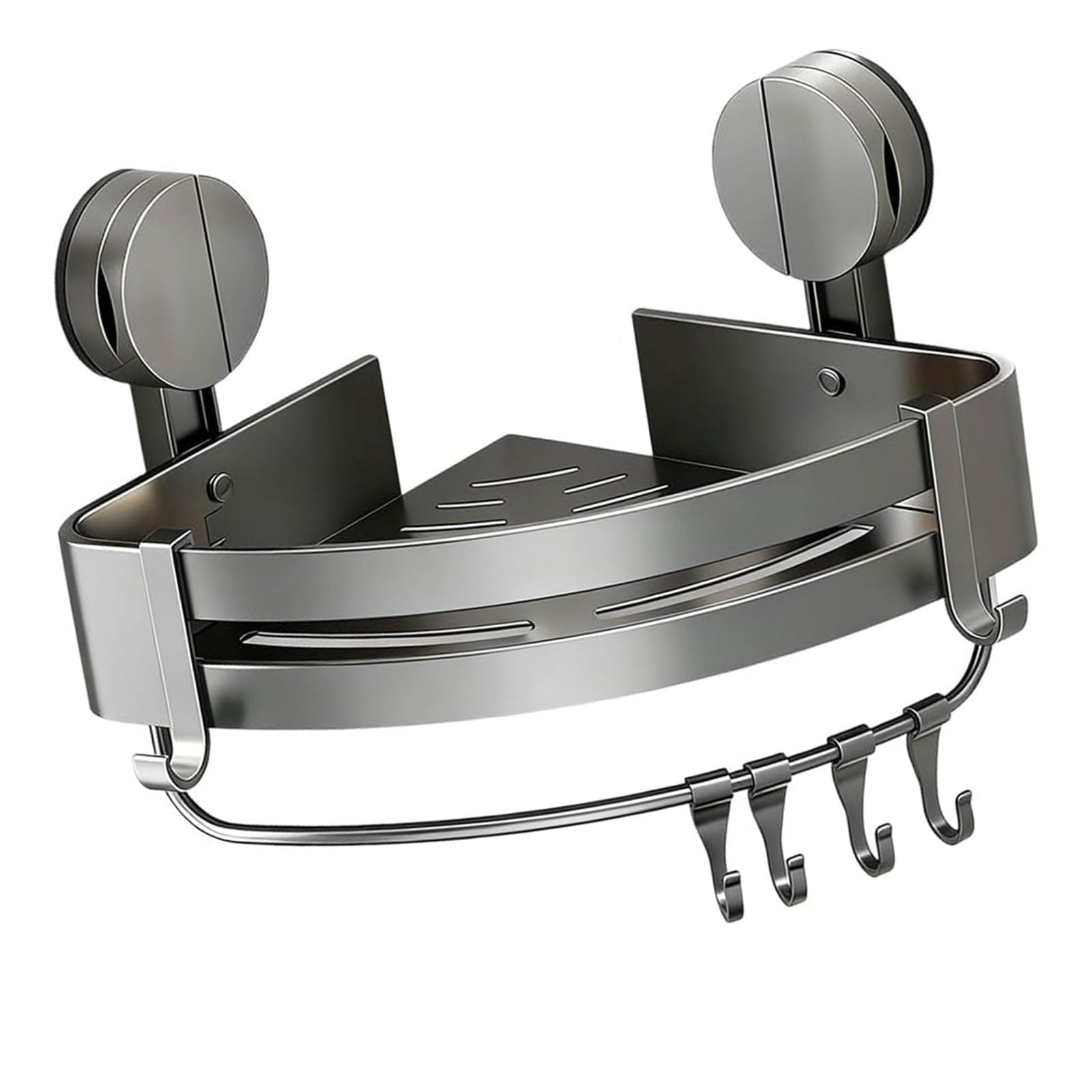 Tsophreniq Wall Mounted Bathroom Shelf with Removable Hooks and Towel Rod Drillless Installation Using Suction Cups for Shower Storage Suction Cup Shower Shelf