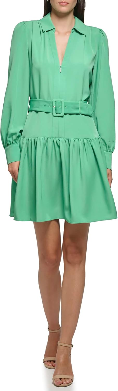 Karl Lagerfeld Paris Womens Belted Collar Front Zip Dress - Image 2