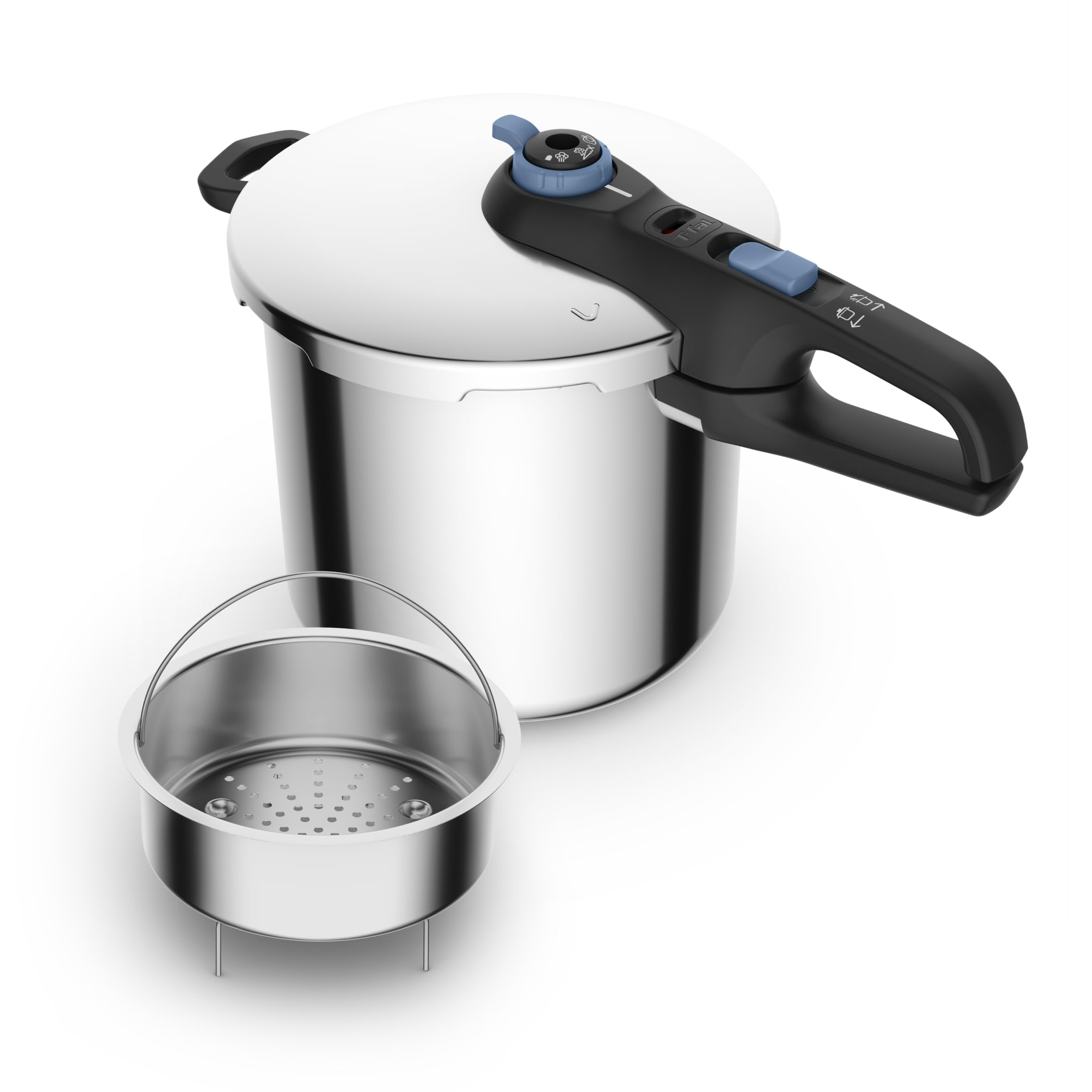 Secure Trendy Stainless Steel Pressure Cooker, 8.5 Quart, Steam Basket, Induction, Secure Locking System, Easy and Safe Opening, Compatible with All Cooktops, Dishwasher Safe, Silver