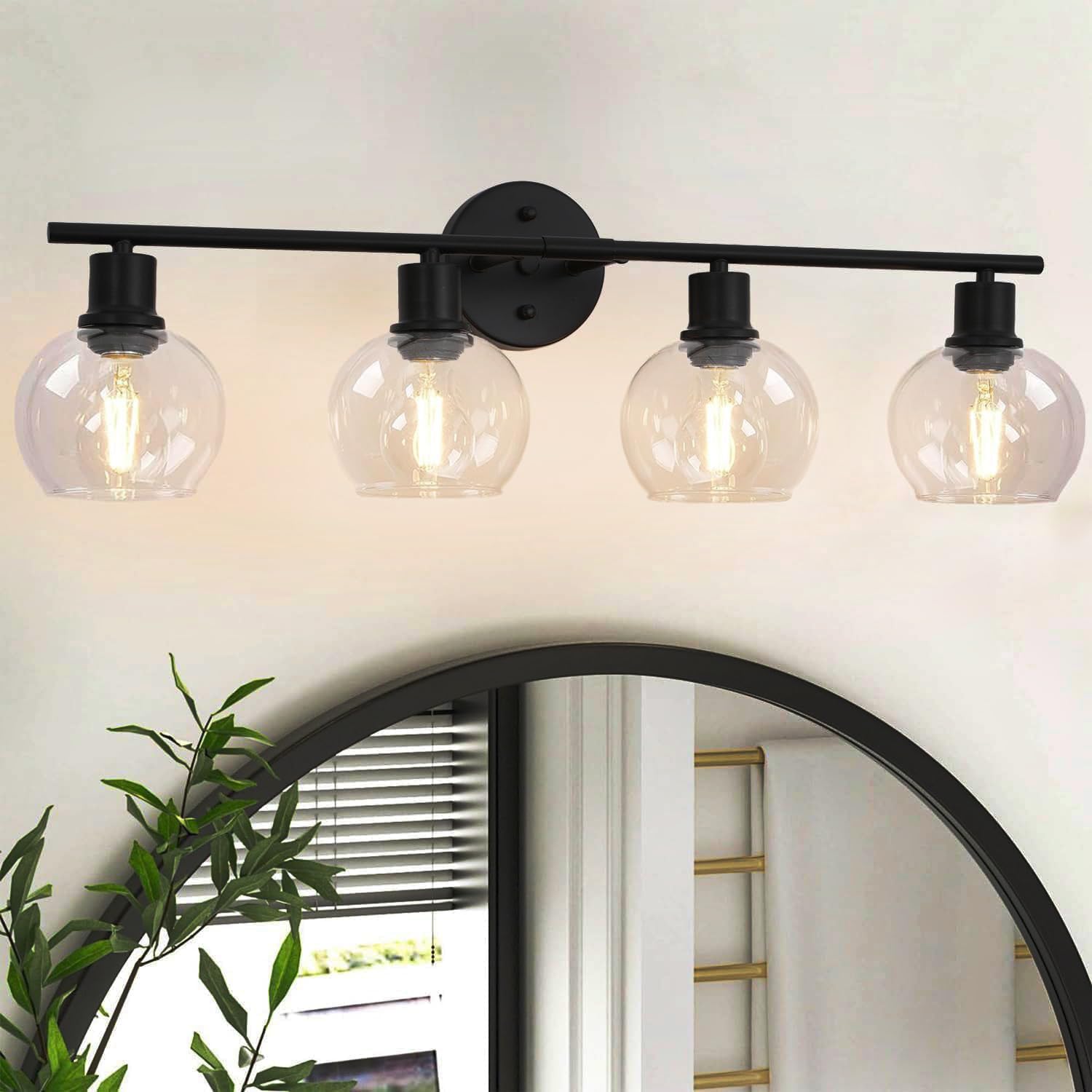 black 4-light bathroom vanity light fixtures, modern bathroom lights with clear glass globe shade, 27" vanity lights for mirror bathroom living room bedroom