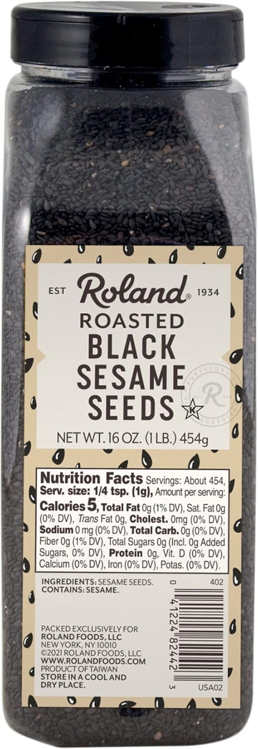 Roland Foods Roasted Black Sesame Seeds 16oz - Rich Nutty Flavor, Crunchy Texture, Ready-to-Eat Imported from Taiwan