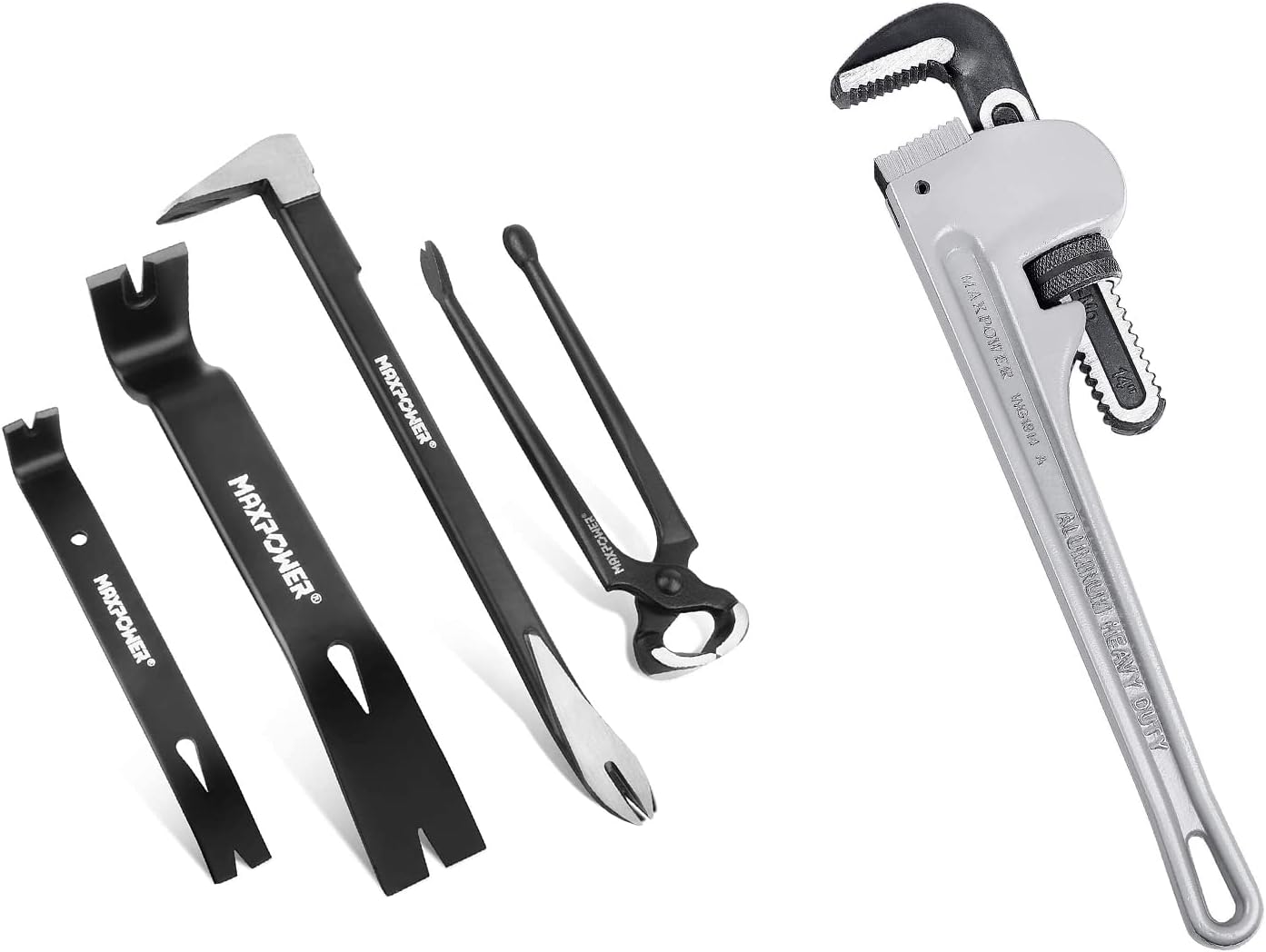 MAXPOWER 4Pcs Pry Bar Nail Puller and 14-inch Pipe Wrench