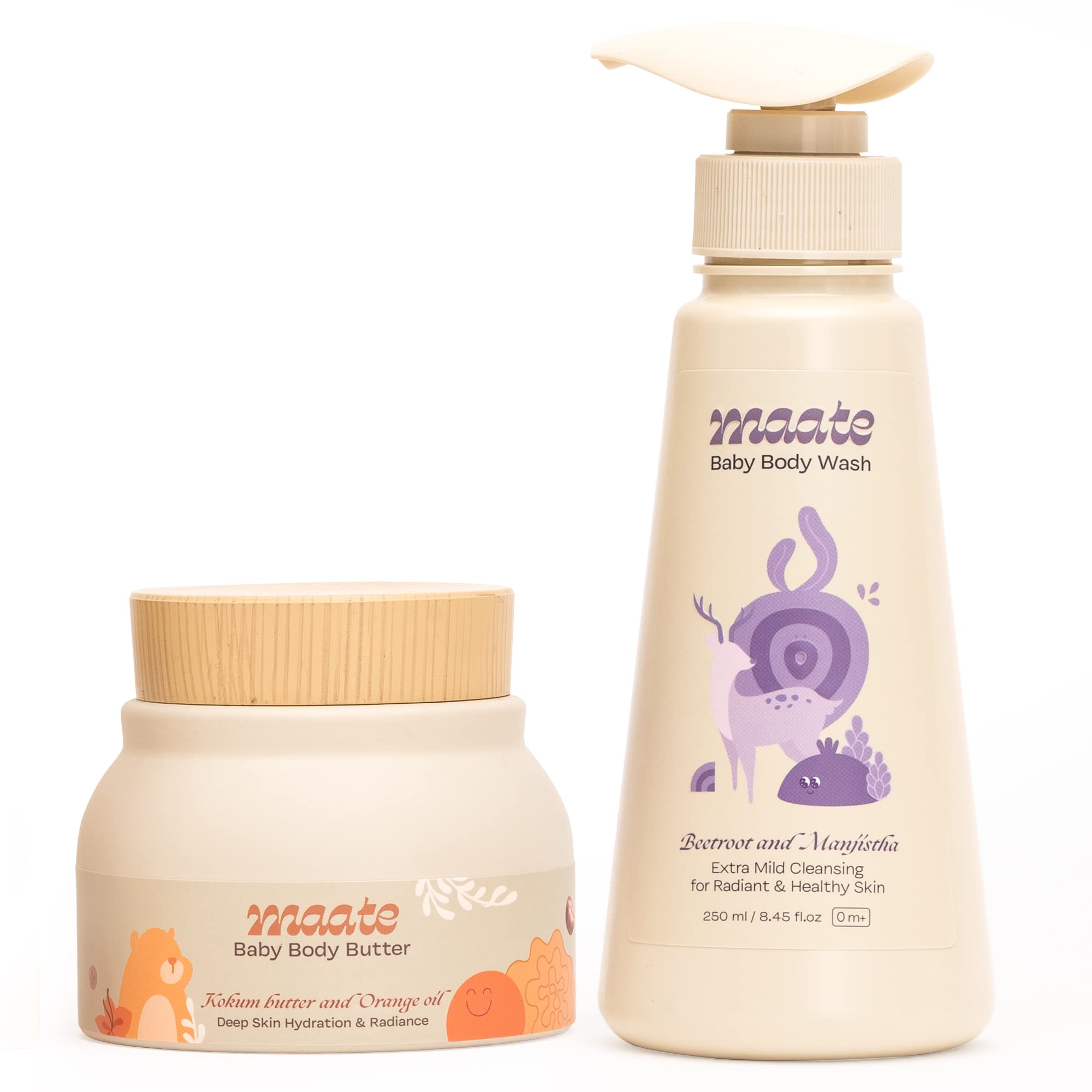 Maate Baby Body Care Set (Pack of 2) | Body Butter-150 gm & Extra Mild Baby Wash - 250 ml | Cream For Face, Skin | Care For Kids 0-12 years | pH Balanced | Soap Free & Tear-Free