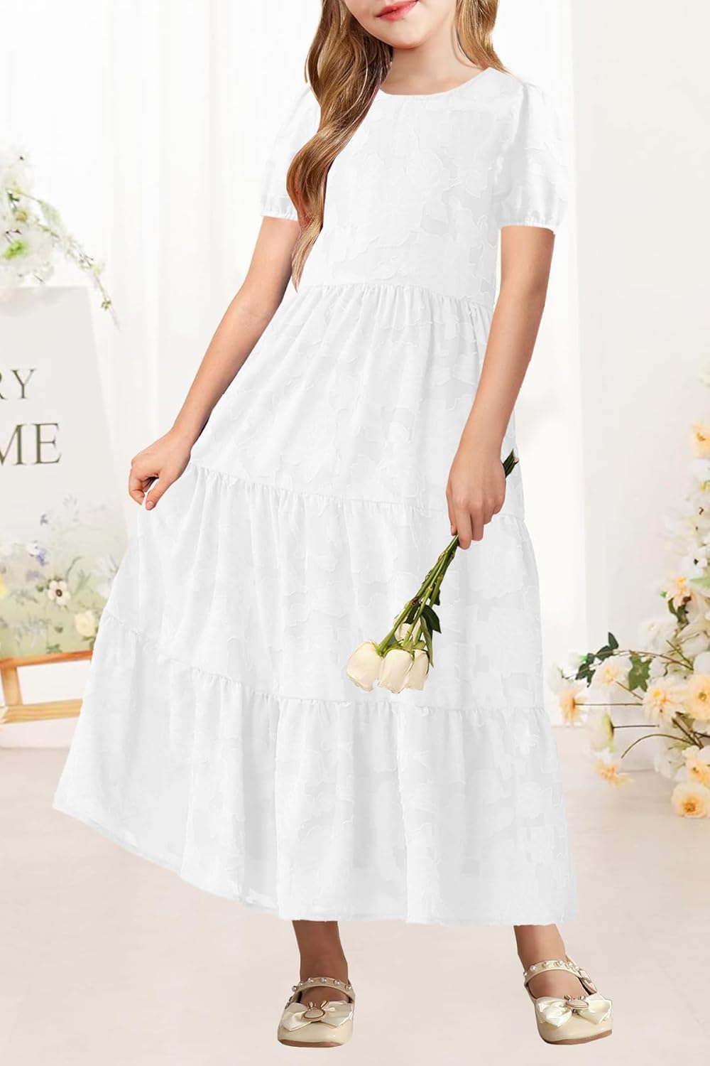 MITILLY Summer Flower Girl Dress Elegant Short Sleeve Crew Neck A-Line Flowy Maxi Dress for Kids with Pockets 6-12 Years - Image 4