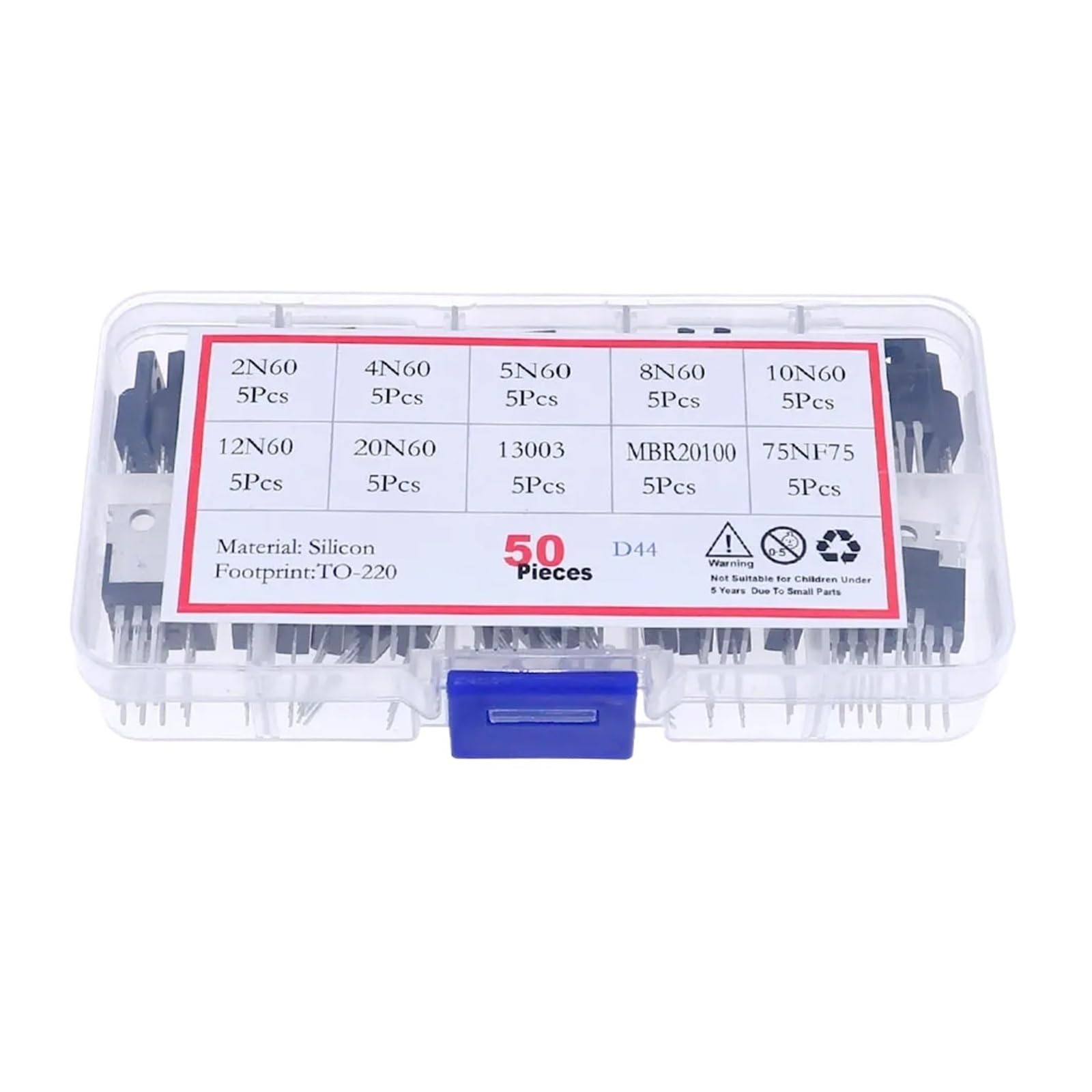 Caja de kit de transistores de efecto de campo Mosfet TO-220, 50 Uds., 10 valores | 2N60 4N60 5N60 8N60 10N60 12N60 20N60 13003 MBR20100 75NF75(50Pcs 75NF75)