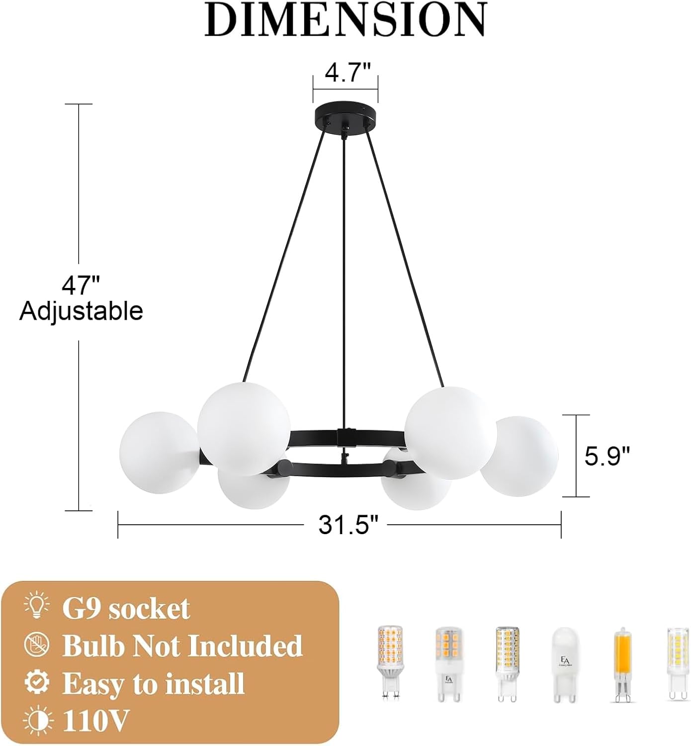 6-Light Glass Globe Sputnik Chandelier, Black Wagon Wheel Chandeliers for Dining Room with Milky White Globe, Mid Century Modern Light Fixture Over Table for Kitchen Island Living Room