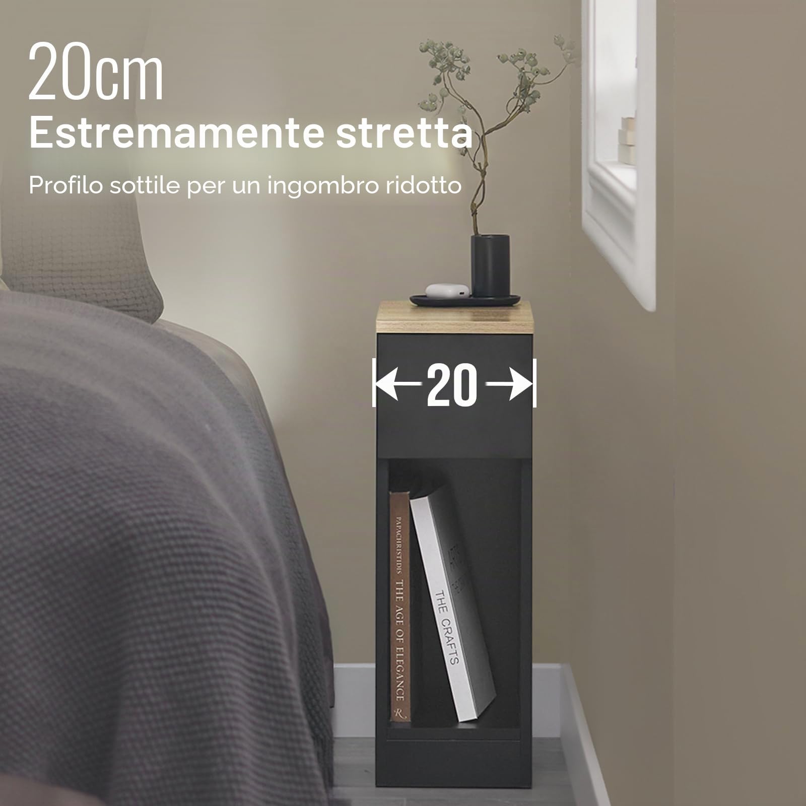 SoBuy set da 2 Comodino camera da letto stretto 20 cm con cassetto comodino salvaspazio & tavolino da letto per piccoli spazi camera da letto soggiorno nero 20x35x60 cm FBT111-SCHx2