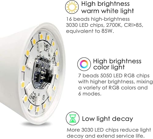 Miniatura 5 de Bombilla LED equivalente a 85 W, bombilla RGB que cambia de color, 6 estados de ánimo, memoria, sincronización, regulable, base de tornillo A19 E26,