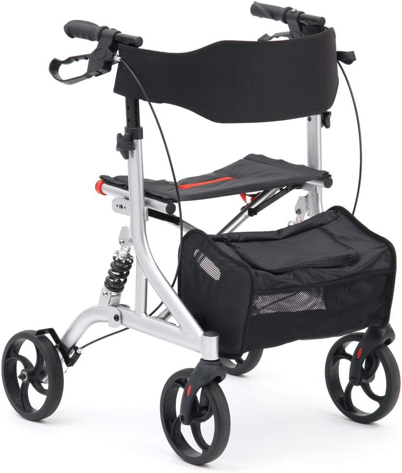Drive DeVilbiss Rollator - 4 Wheel Walker with Seat, Backrest, Brakes - Shock-Absorbing Suspension System (Silver)