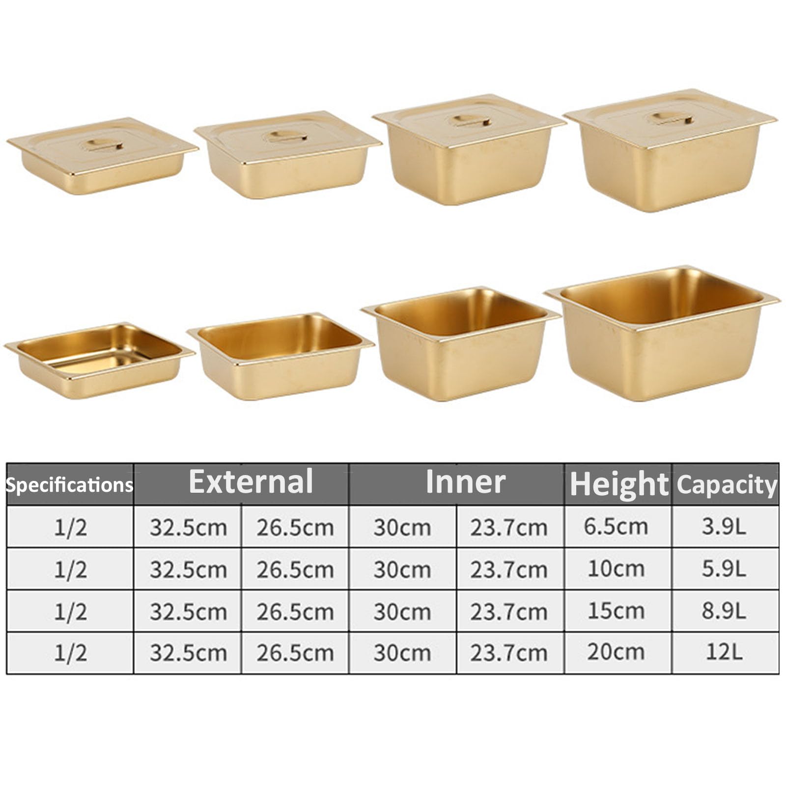 Sartenes Gastronorm de acero inoxidable, tamaño 1/2 (32,5 x 26,5 cm) de profundidad, sin tapa, utensilios de cocina para bufé y catering para hoteles y restaurantes