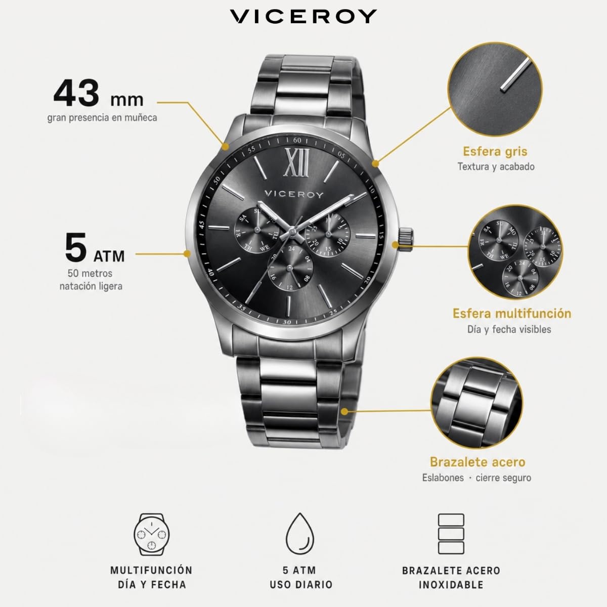 Viceroy Reloj Analógico Hombre de Acero Inoxidable - 43 mm - Movimiento de Cuarzo - Acabado Dorado - 401187