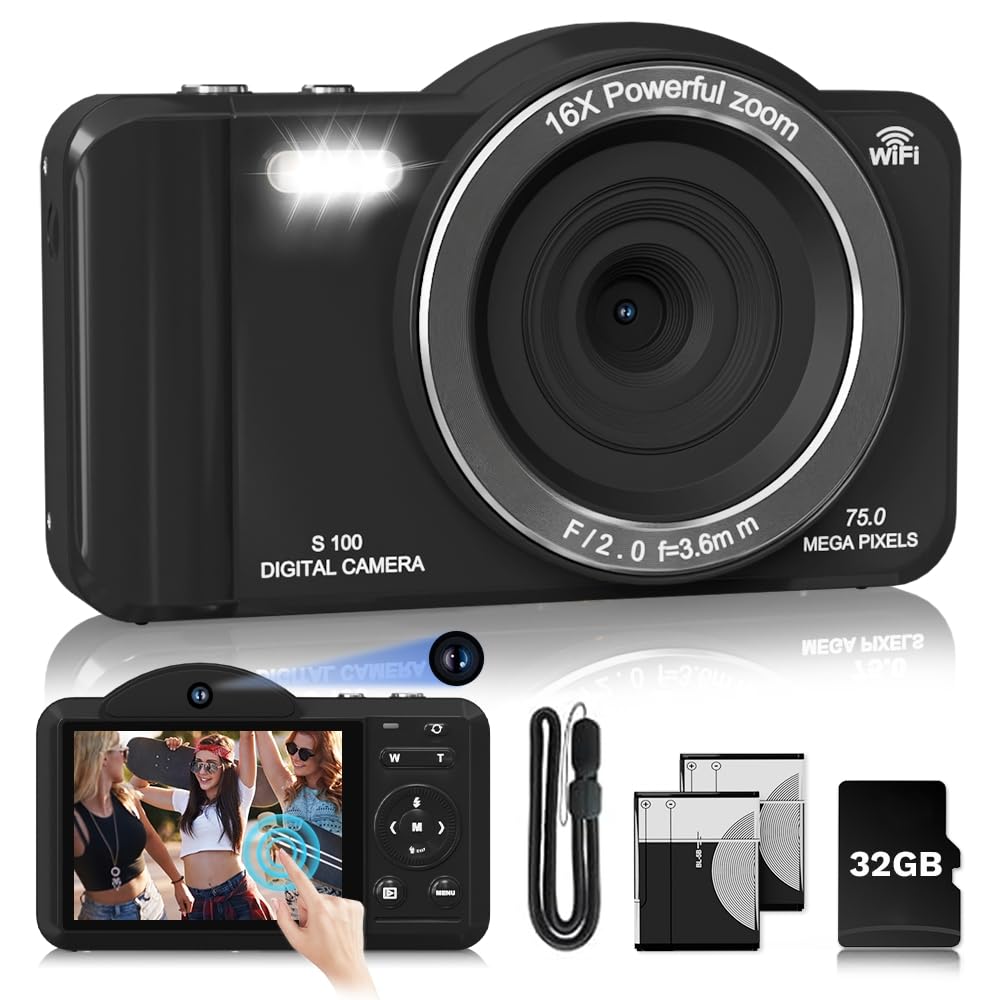 4K Upgrade Touchscreen Digital Camera, 75MP Dual Front & Rear Cameras Sefie, Autofocus, Wi-Fi Sharing, Compact Travel Vlogging Camera for Teens Beginner Kids with 32GB SD Card, 2 Batteries, Lanyard